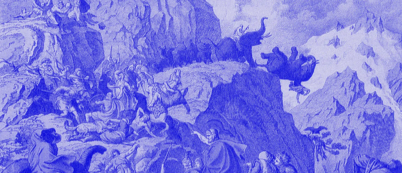 Ultramarine duotone crop of a historical illustration of Hannibal crossing the Alps.