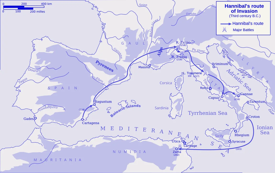 Ivory and ultramarine adaptation of Pinpin's map showing a traditional route of Hannibal's invasion.