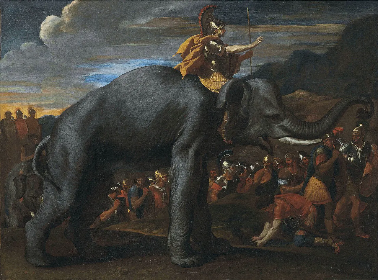 Painting of Hannibal crossing the Alps on an elephant, attributed to Nicolas Poussin.